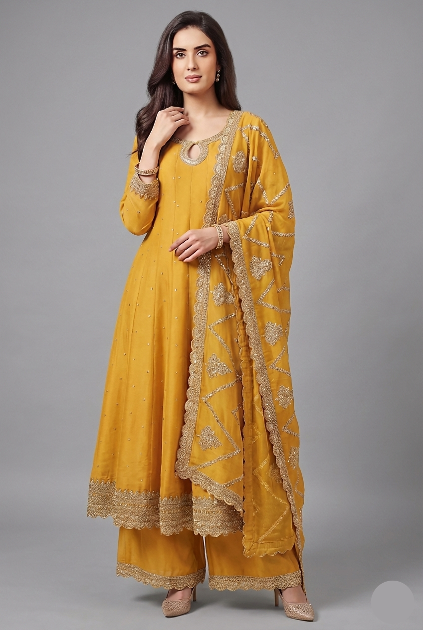 Yellow Art Silk Embroidered Anarkali Palazzo Suit