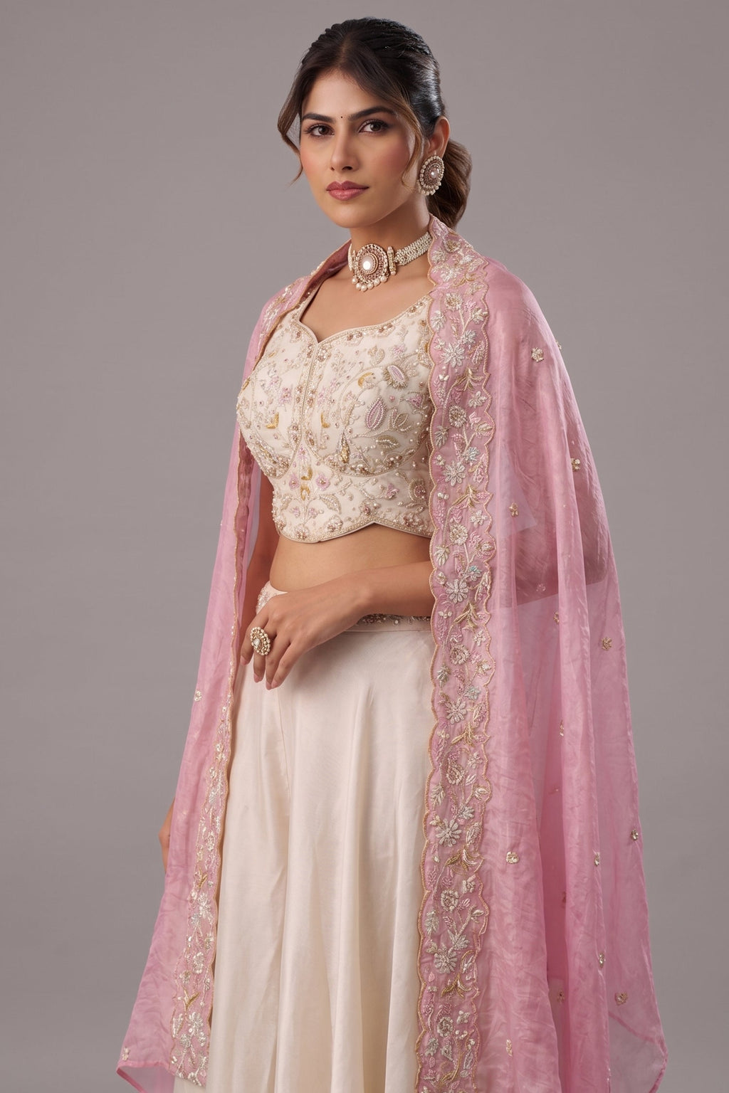 Cream Viscoce Embroidered Crop Top with Flared Cape And Palazzo Set