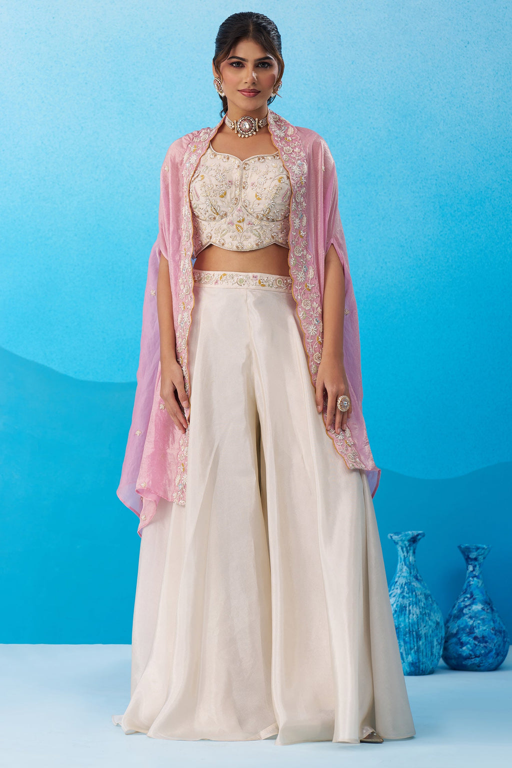 Cream Viscoce Embroidered Crop Top with Flared Cape And Palazzo Set