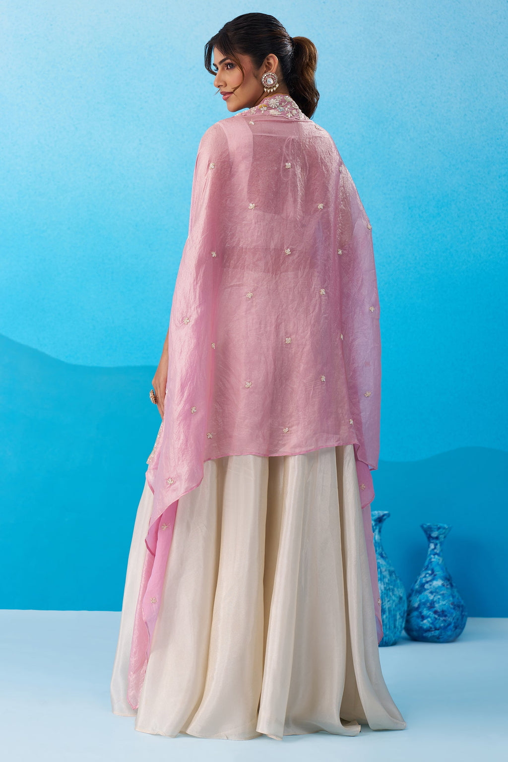 Cream Viscoce Embroidered Crop Top with Flared Cape And Palazzo Set