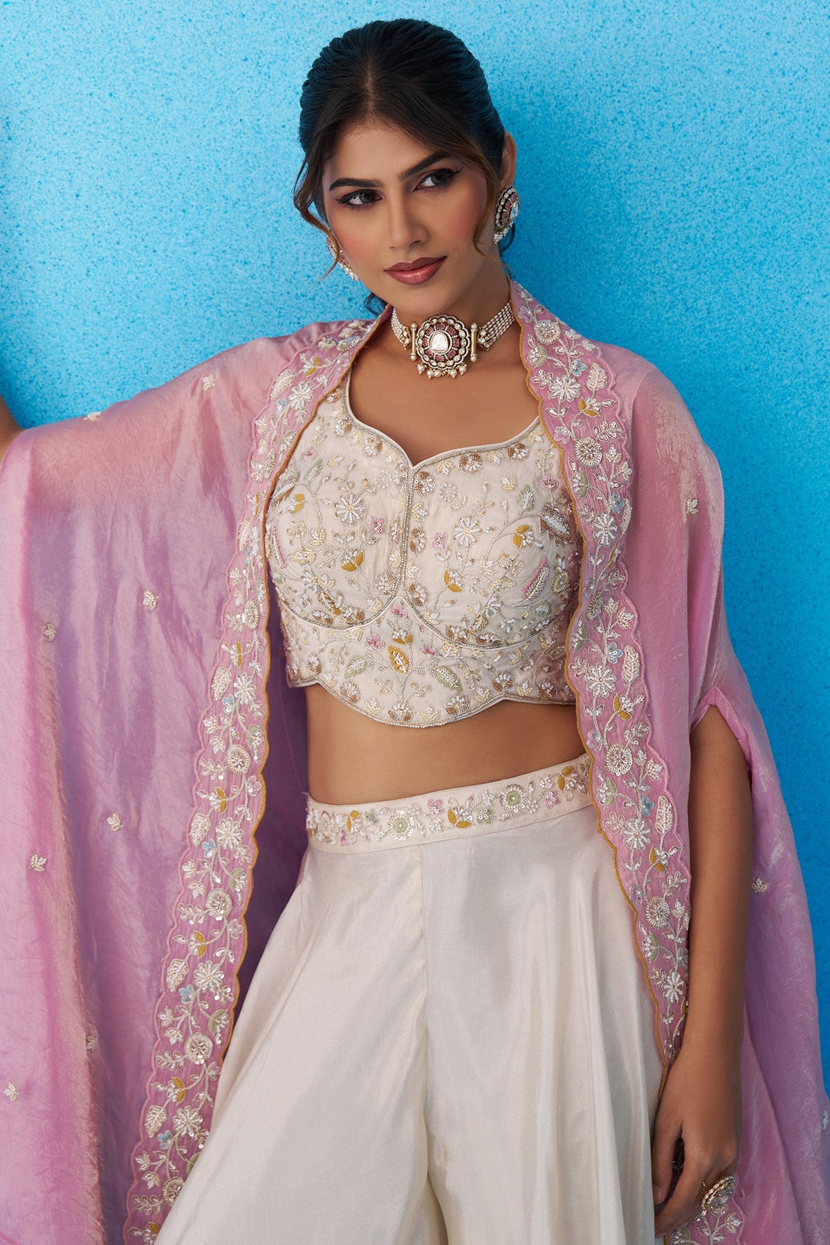 Cream Viscoce Embroidered Crop Top with Flared Cape And Palazzo Set