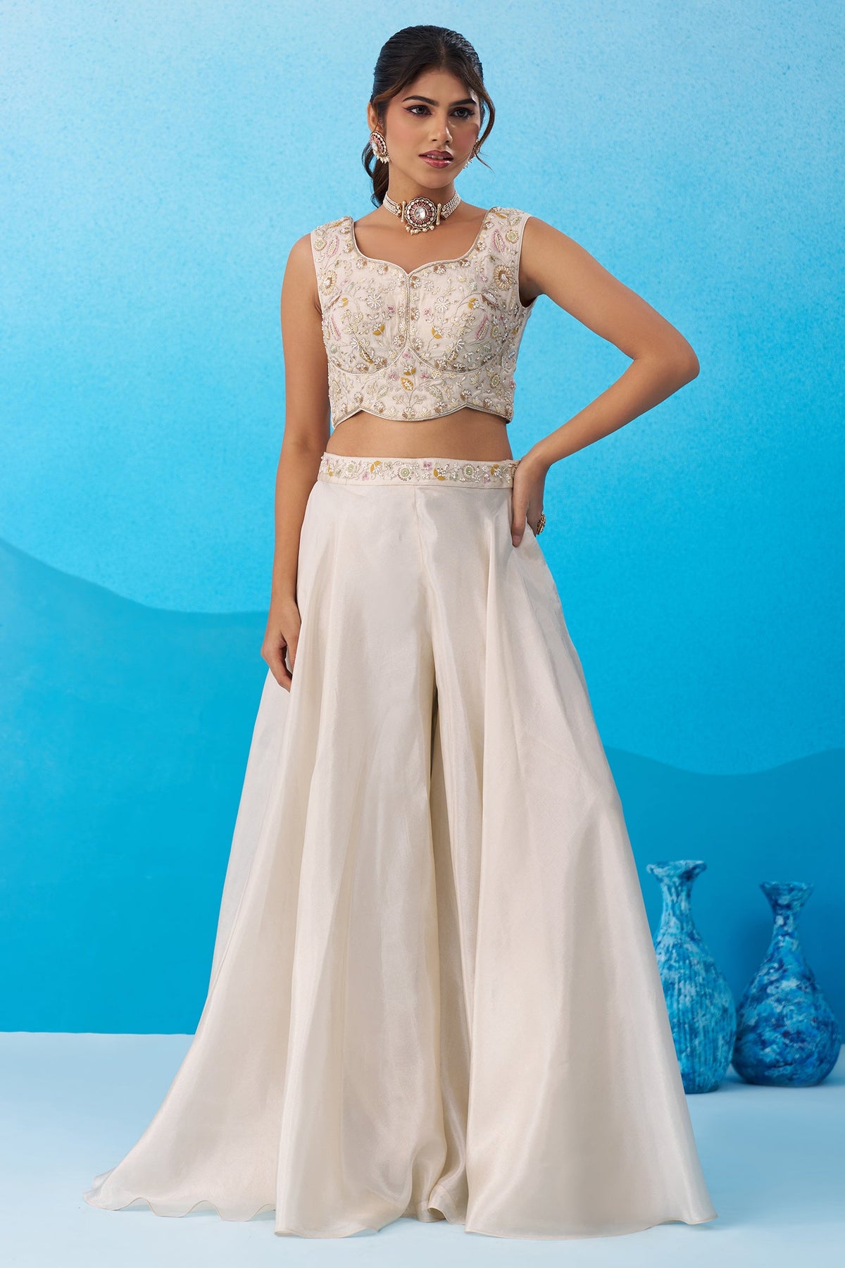 Cream Viscoce Embroidered Crop Top with Flared Cape And Palazzo Set