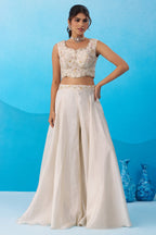 Cream Viscoce Embroidered Crop Top with Flared Cape And Palazzo Set