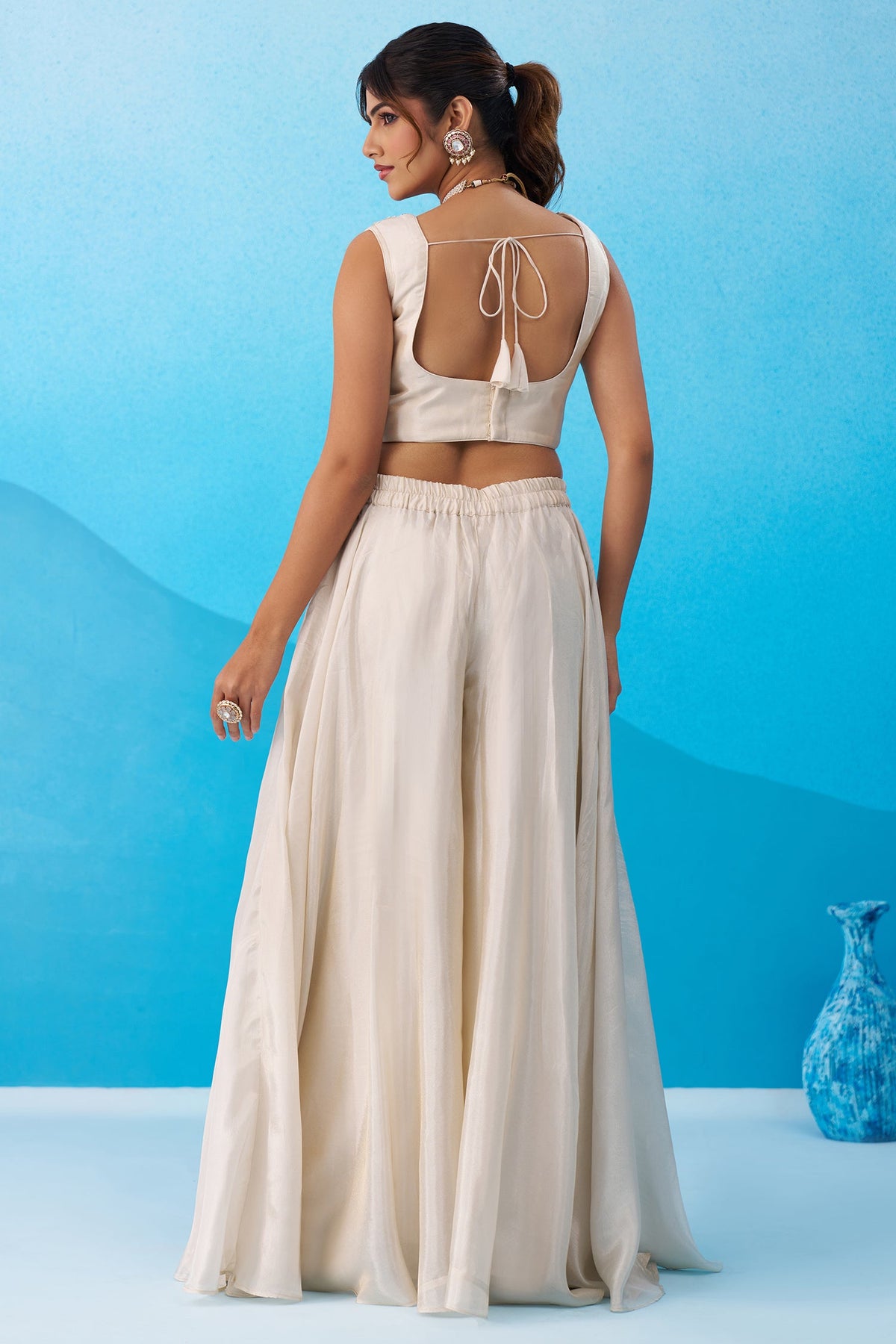 Cream Viscoce Embroidered Crop Top with Flared Cape And Palazzo Set
