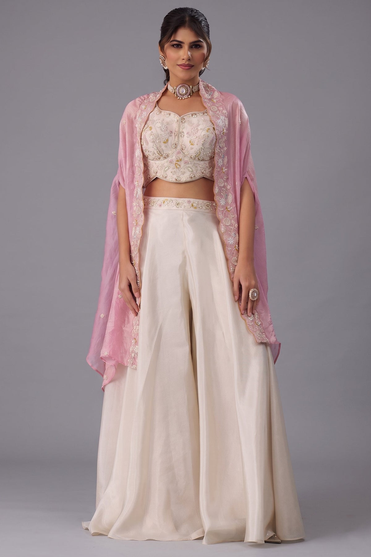 Cream Viscoce Embroidered Crop Top with Flared Cape And Palazzo Set