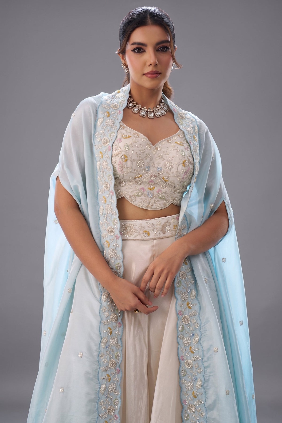 Cream Viscoce Beads Embroidered Crop Top with Flared Cape and Palazzo Set