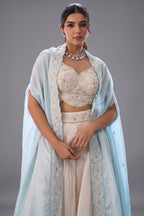 Cream Viscoce Beads Embroidered Crop Top with Flared Cape and Palazzo Set
