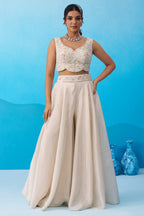 Cream Viscoce Beads Embroidered Crop Top with Flared Cape and Palazzo Set