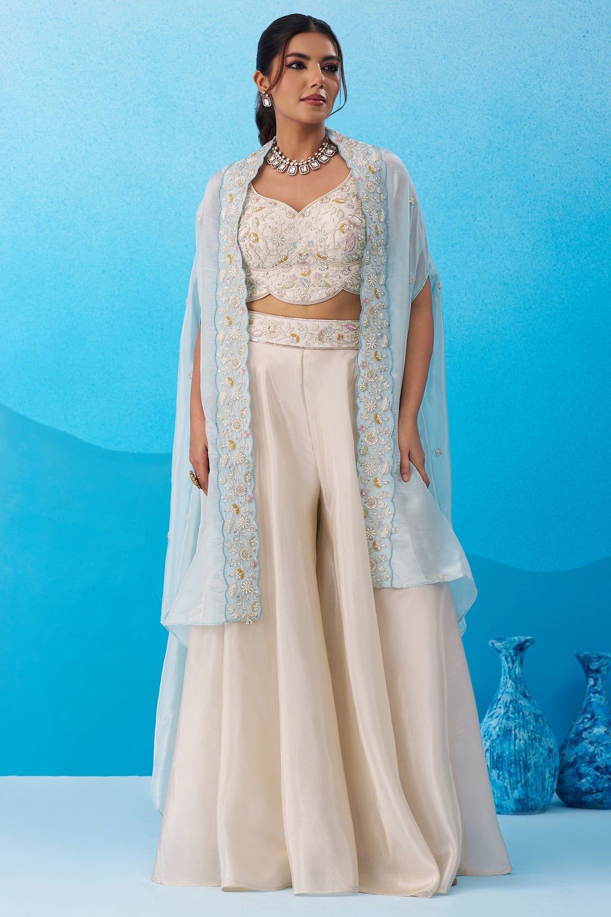 Cream Viscoce Beads Embroidered Crop Top with Flared Cape and Palazzo Set