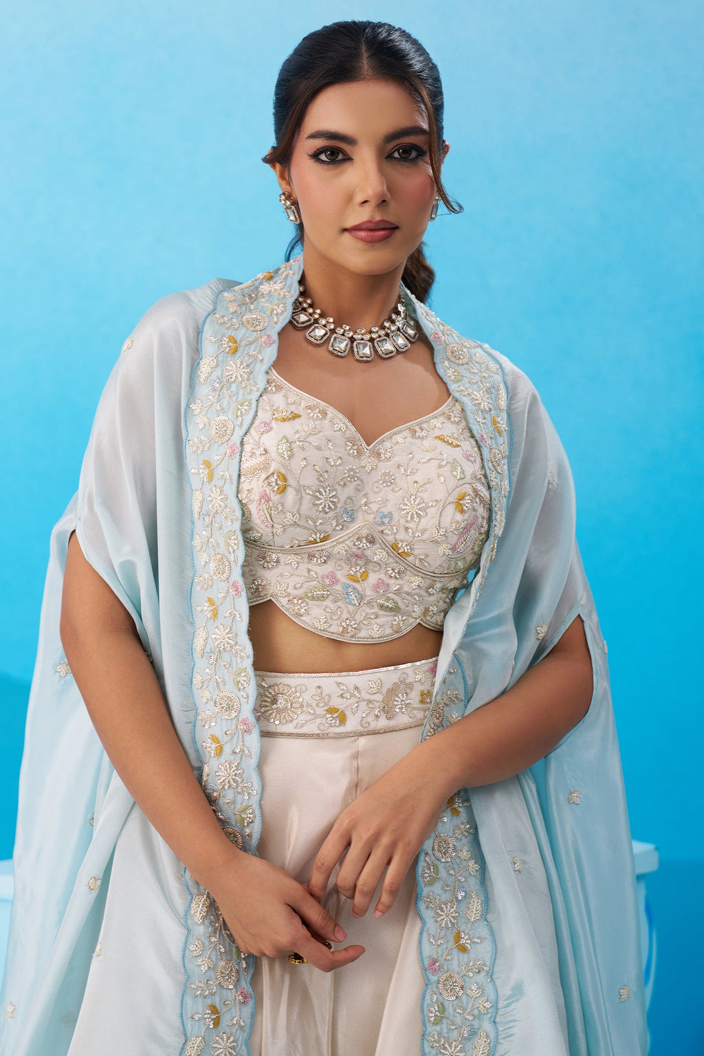 Cream Viscoce Beads Embroidered Crop Top with Flared Cape and Palazzo Set