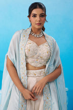 Cream Viscoce Beads Embroidered Crop Top with Flared Cape and Palazzo Set