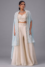 Cream Viscoce Beads Embroidered Crop Top with Flared Cape and Palazzo Set
