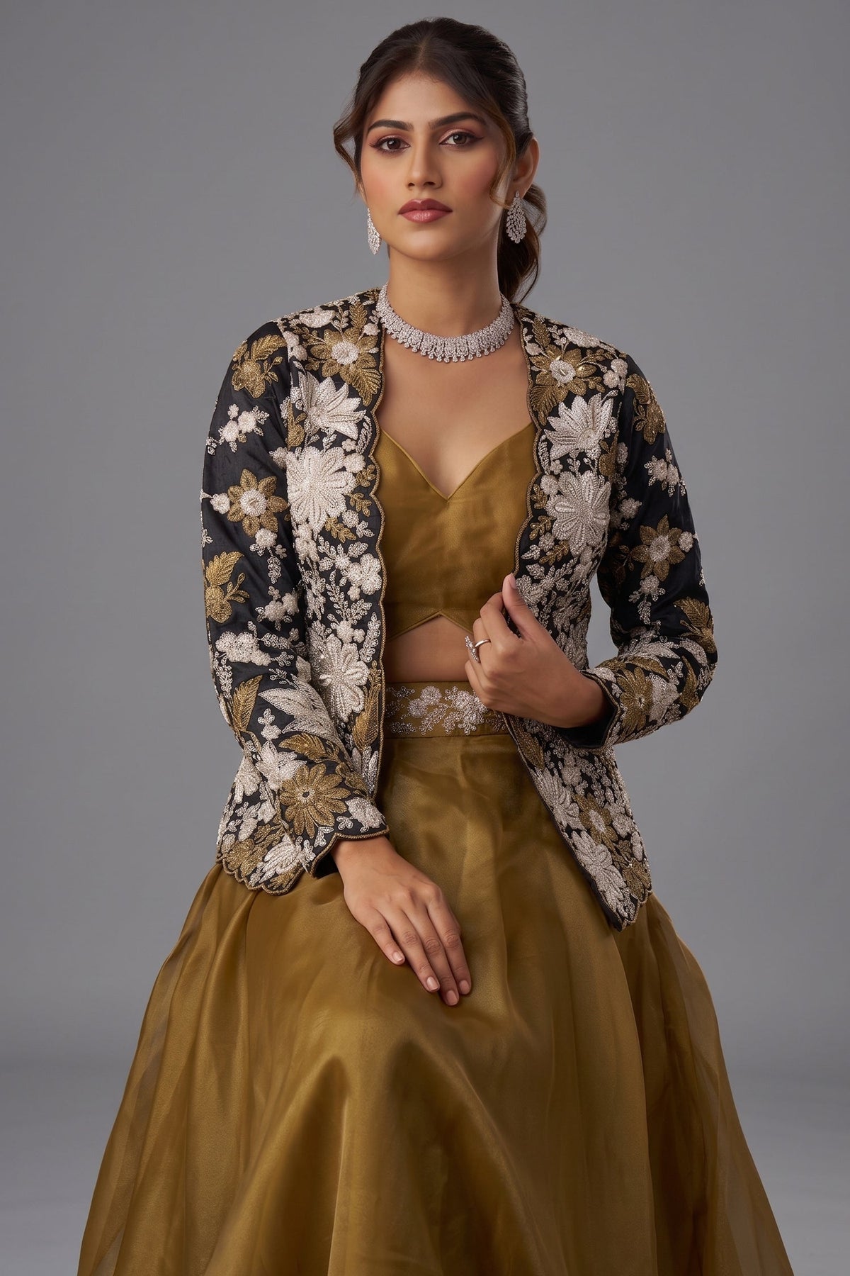 Golden Mustard Tissue Crop Top with Floral Embroidered Jacket And Palazzo Set