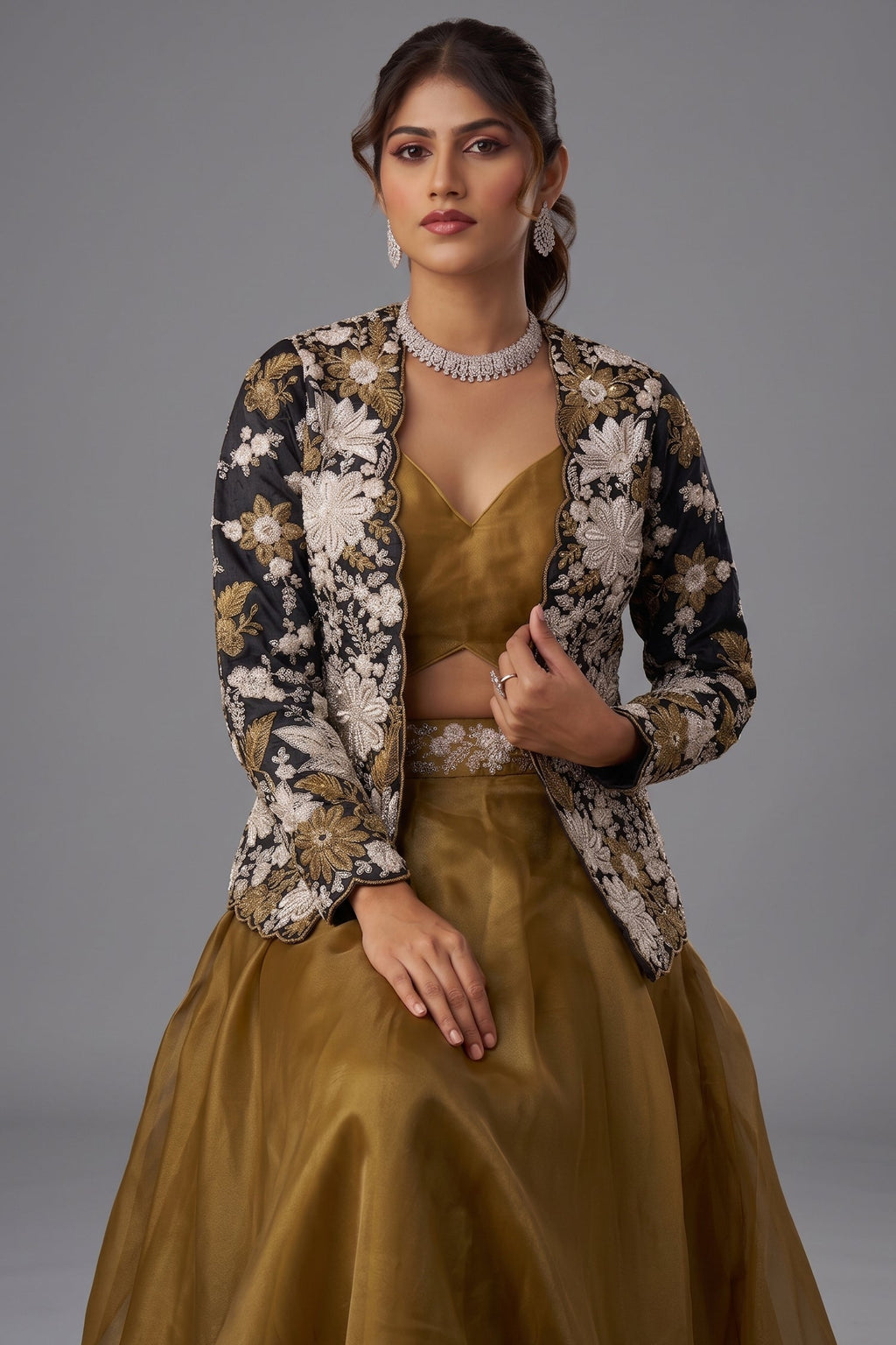 Golden Mustard Tissue Crop Top with Floral Embroidered Jacket And Palazzo Set