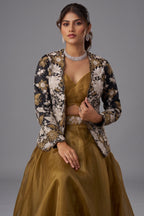 Golden Mustard Tissue Crop Top with Floral Embroidered Jacket And Palazzo Set
