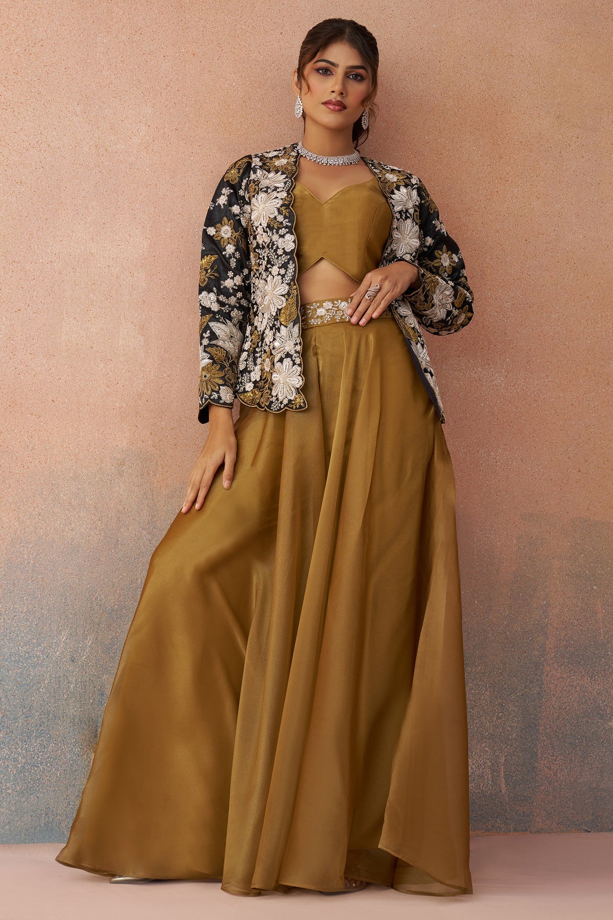 Golden Mustard Tissue Crop Top with Floral Embroidered Jacket And Palazzo Set