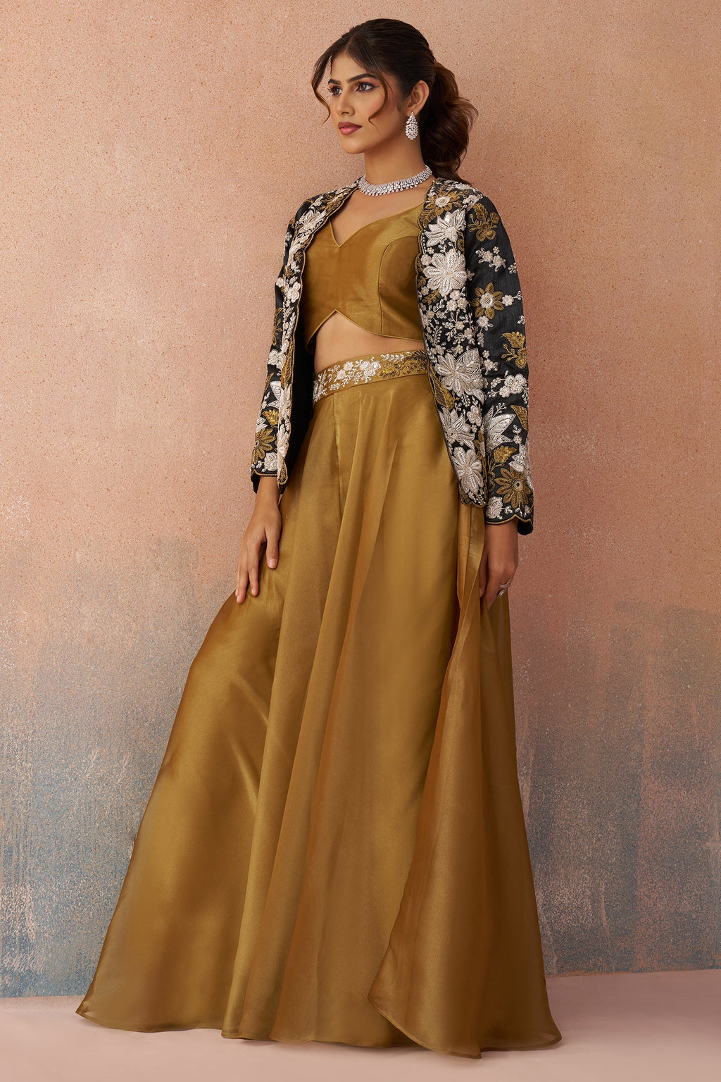 Golden Mustard Tissue Crop Top with Floral Embroidered Jacket And Palazzo Set