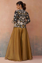 Golden Mustard Tissue Crop Top with Floral Embroidered Jacket And Palazzo Set