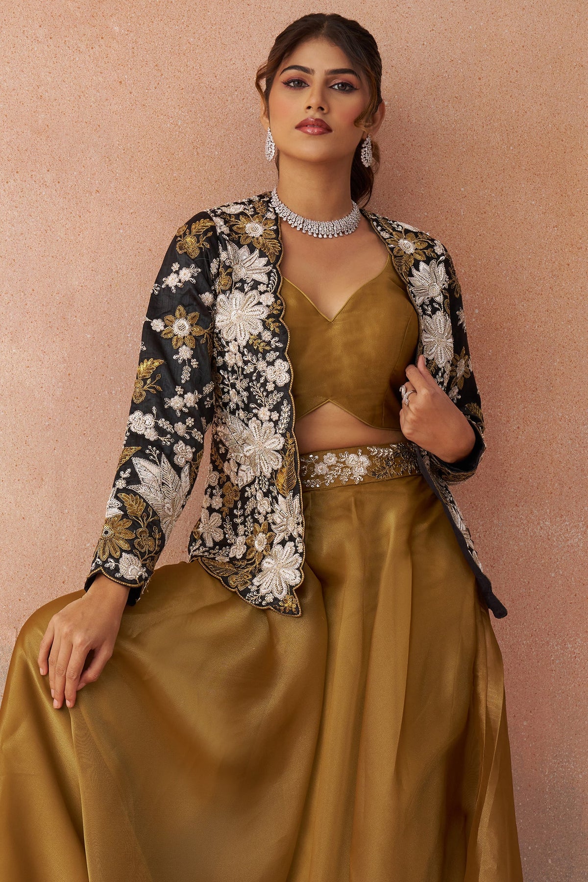 Golden Mustard Tissue Crop Top with Floral Embroidered Jacket And Palazzo Set