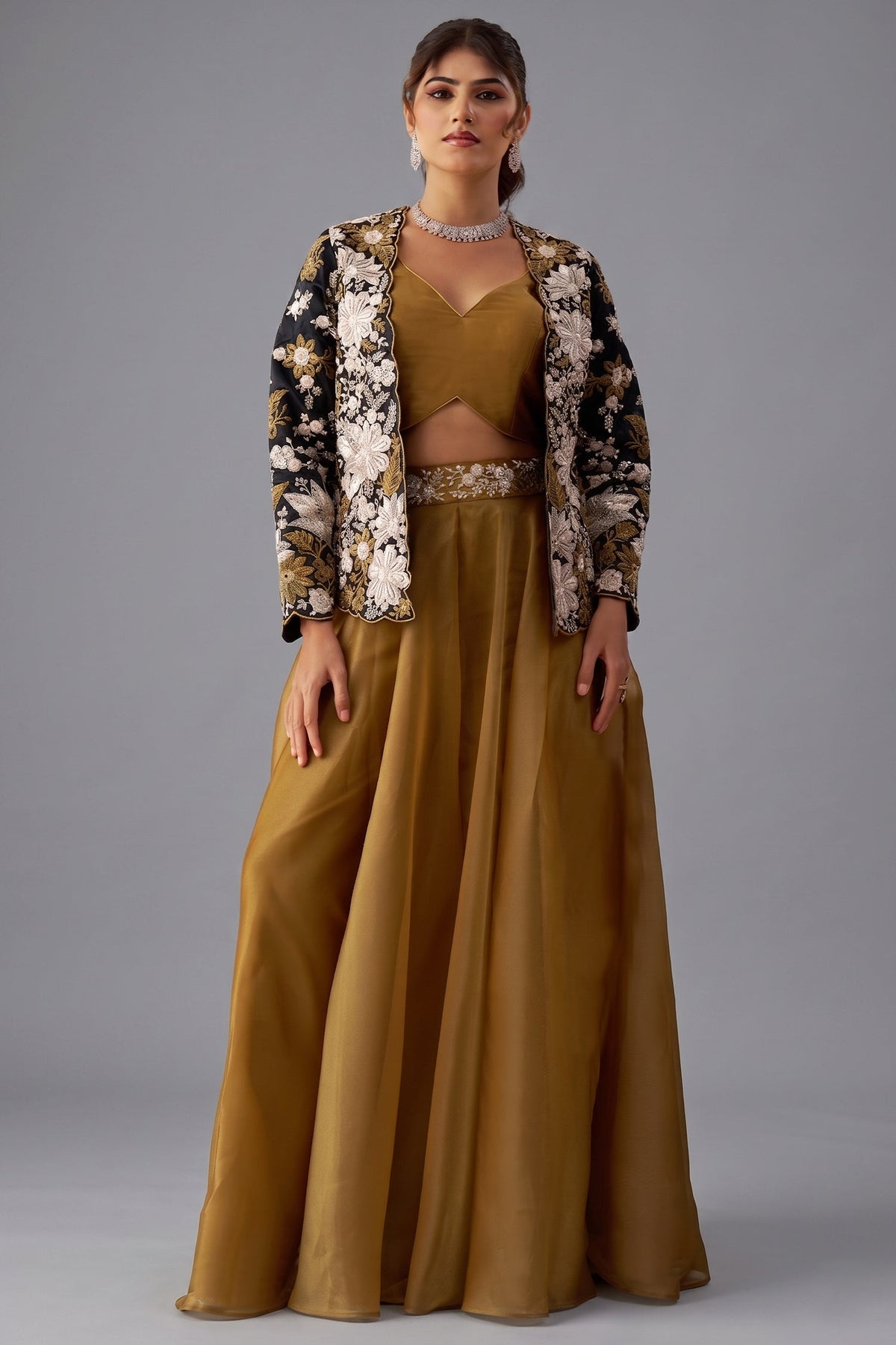 Golden Mustard Tissue Crop Top with Floral Embroidered Jacket And Palazzo Set
