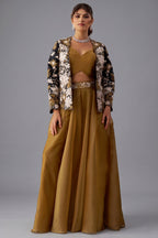 Golden Mustard Tissue Crop Top with Floral Embroidered Jacket And Palazzo Set