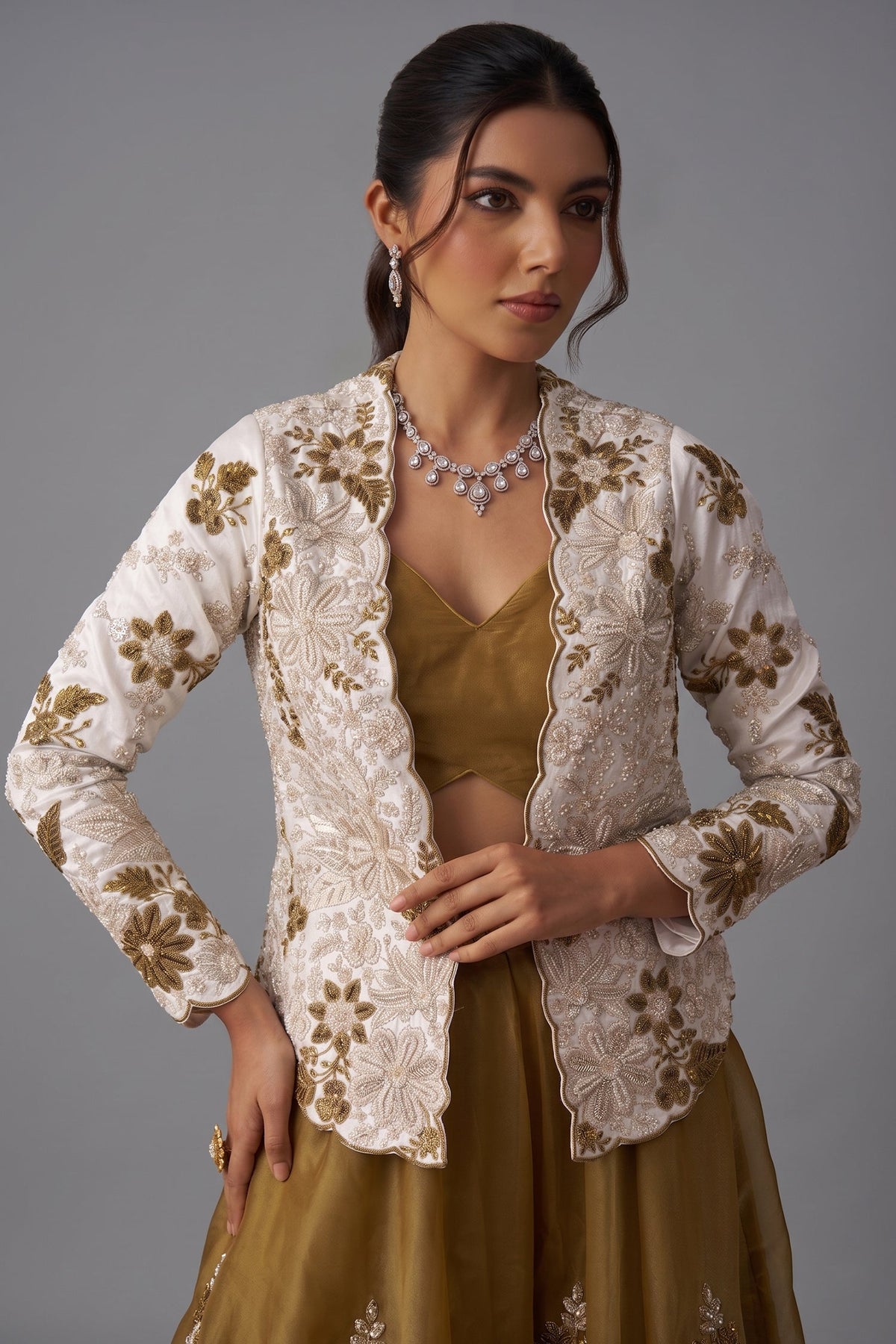 Golden Mustard Tissue Crop Top with Floral Embroidered Jacket and Palazzo Set