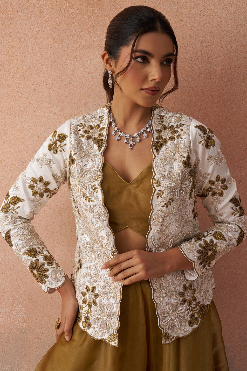 Golden Mustard Tissue Crop Top with Floral Embroidered Jacket and Palazzo Set