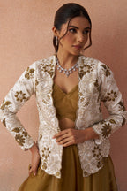 Golden Mustard Tissue Crop Top with Floral Embroidered Jacket and Palazzo Set