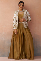Golden Mustard Tissue Crop Top with Floral Embroidered Jacket and Palazzo Set