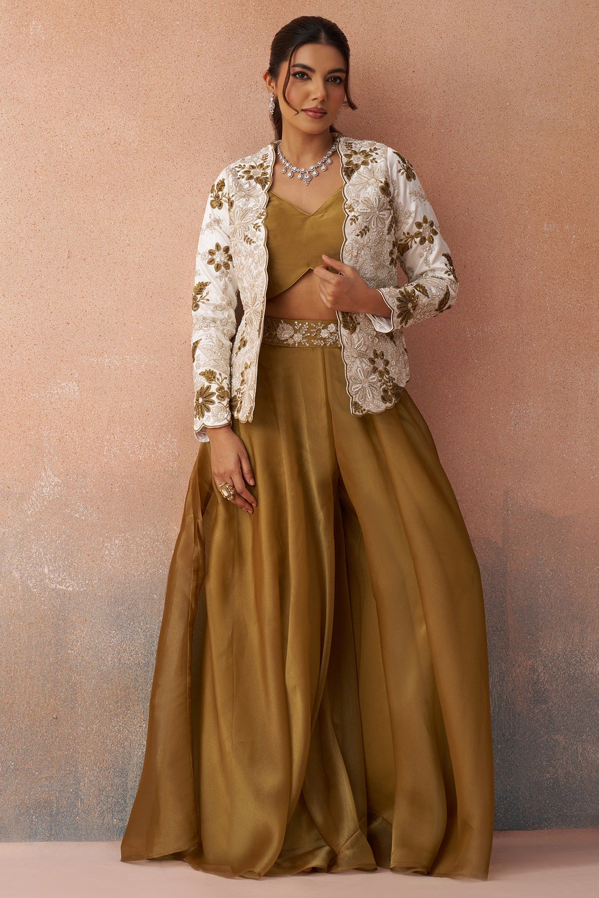 Golden Mustard Tissue Crop Top with Floral Embroidered Jacket and Palazzo Set