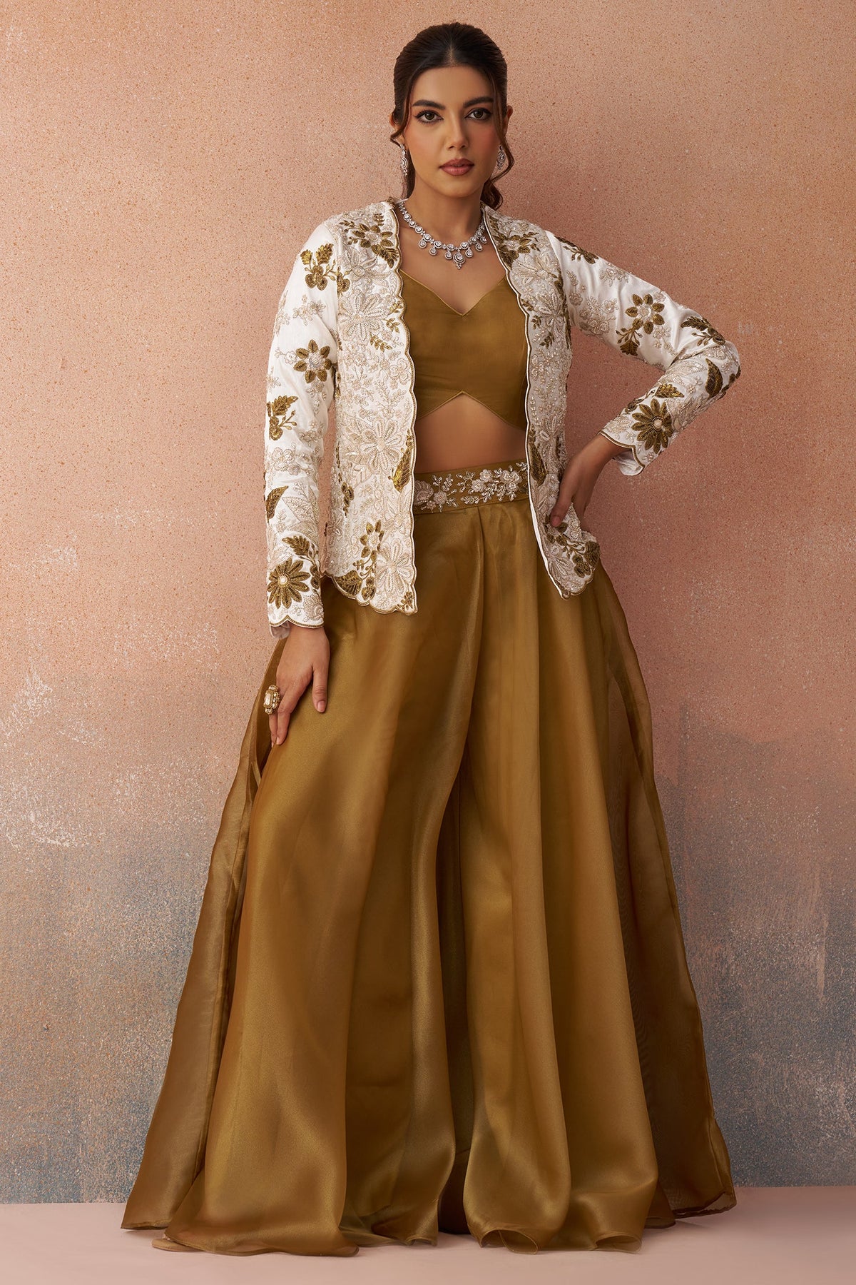 Golden Mustard Tissue Crop Top with Floral Embroidered Jacket and Palazzo Set
