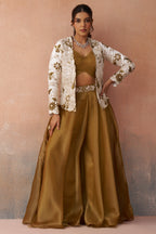 Golden Mustard Tissue Crop Top with Floral Embroidered Jacket and Palazzo Set