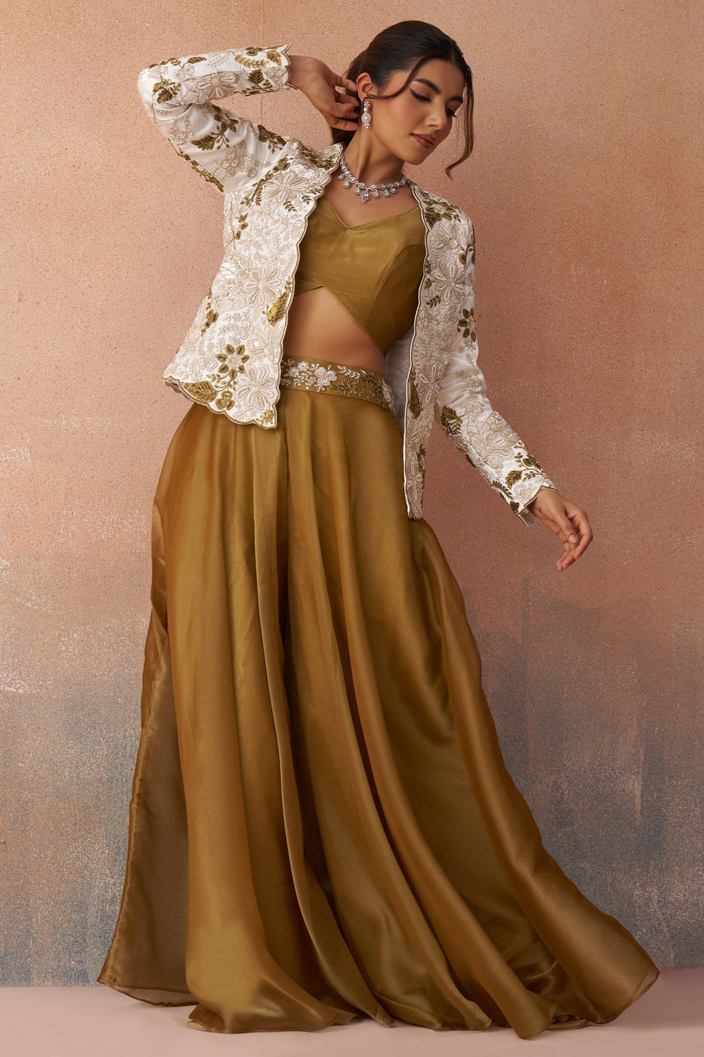 Golden Mustard Tissue Crop Top with Floral Embroidered Jacket and Palazzo Set