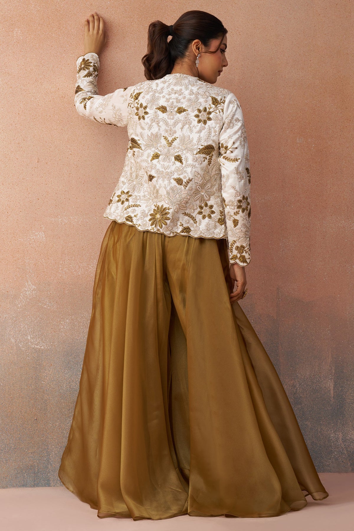 Golden Mustard Tissue Crop Top with Floral Embroidered Jacket and Palazzo Set