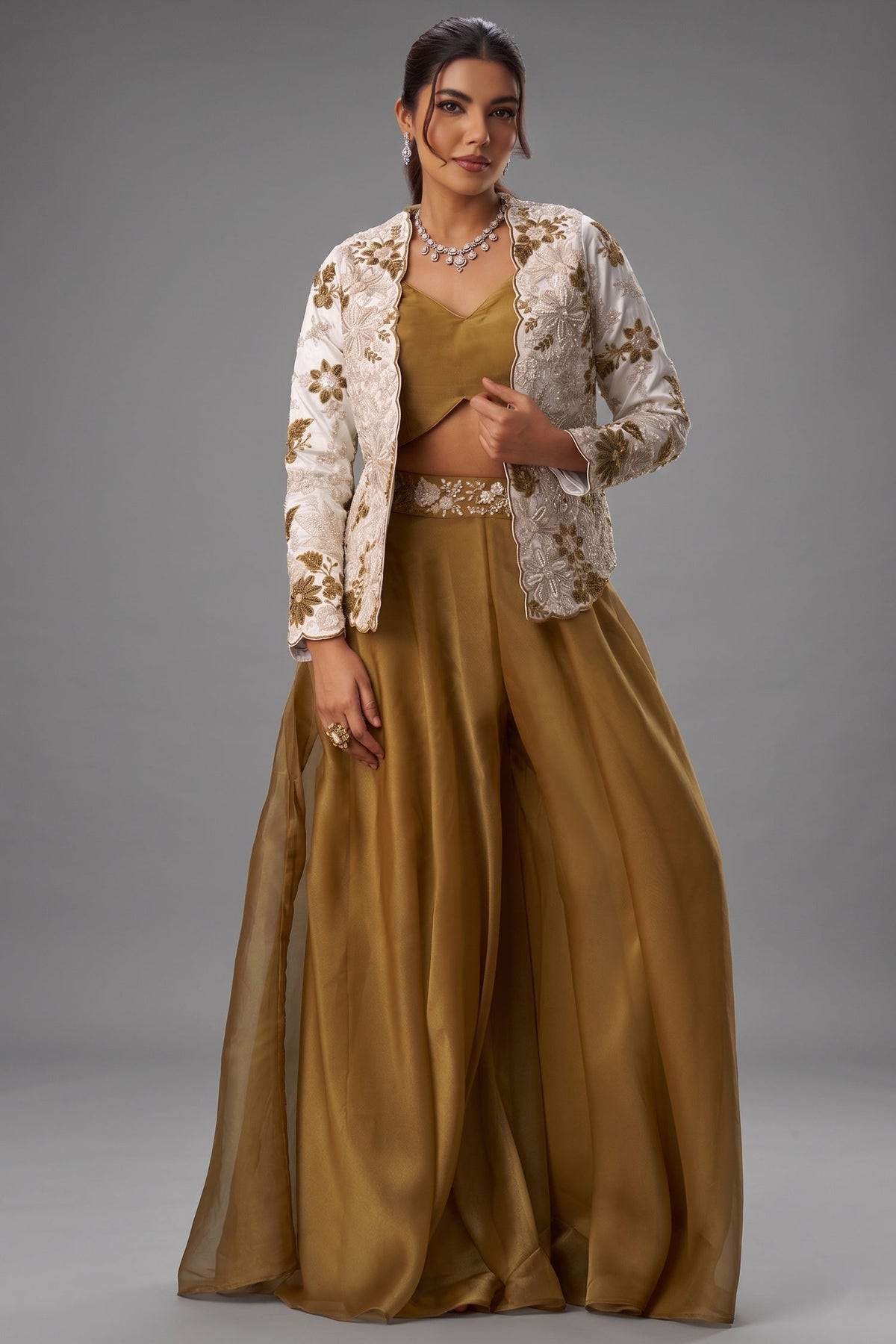 Golden Mustard Tissue Crop Top with Floral Embroidered Jacket and Palazzo Set