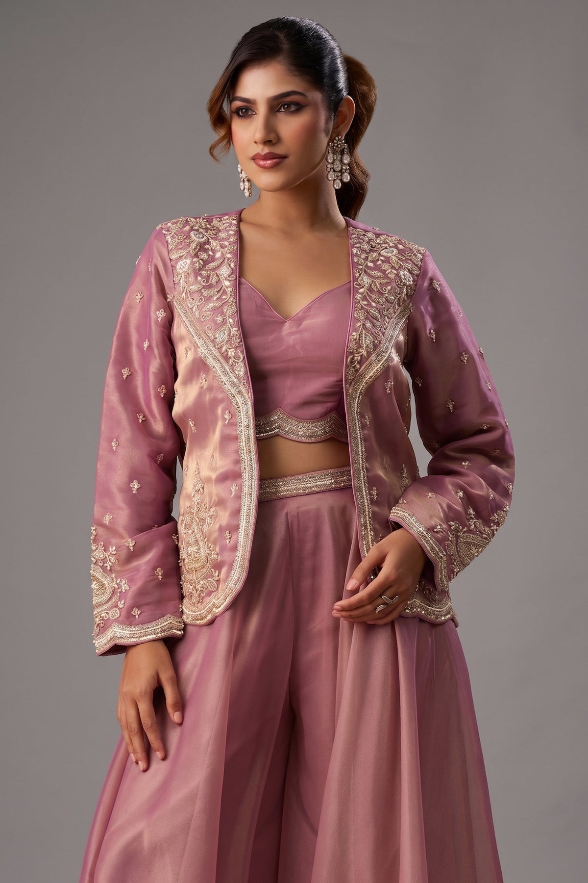 Pink Tissue Crop Top with Embroidered Jacket and Flared Palazzo Set
