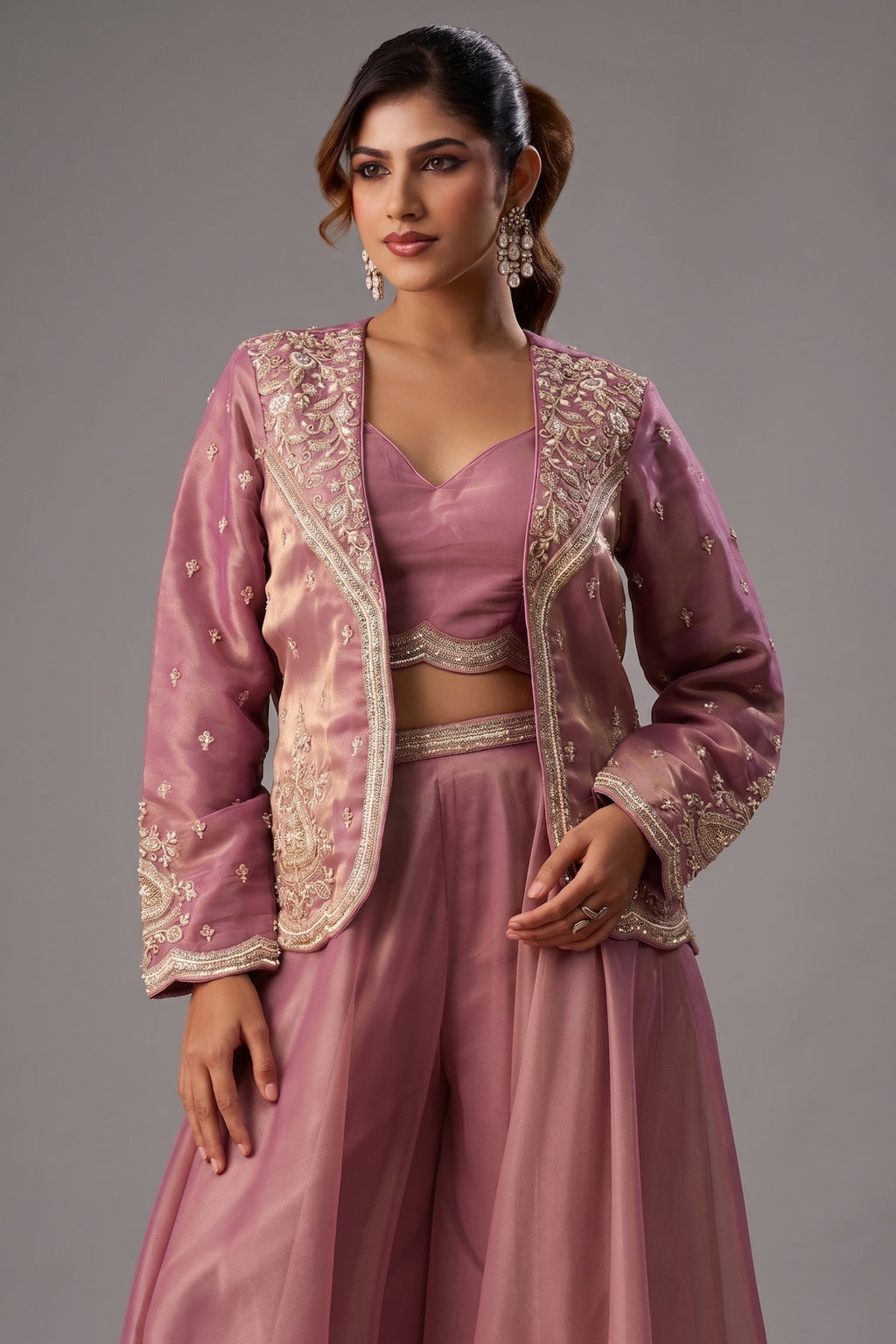 Pink Tissue Crop Top with Embroidered Jacket and Flared Palazzo Set