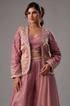 Pink Tissue Crop Top with Embroidered Jacket and Flared Palazzo Set