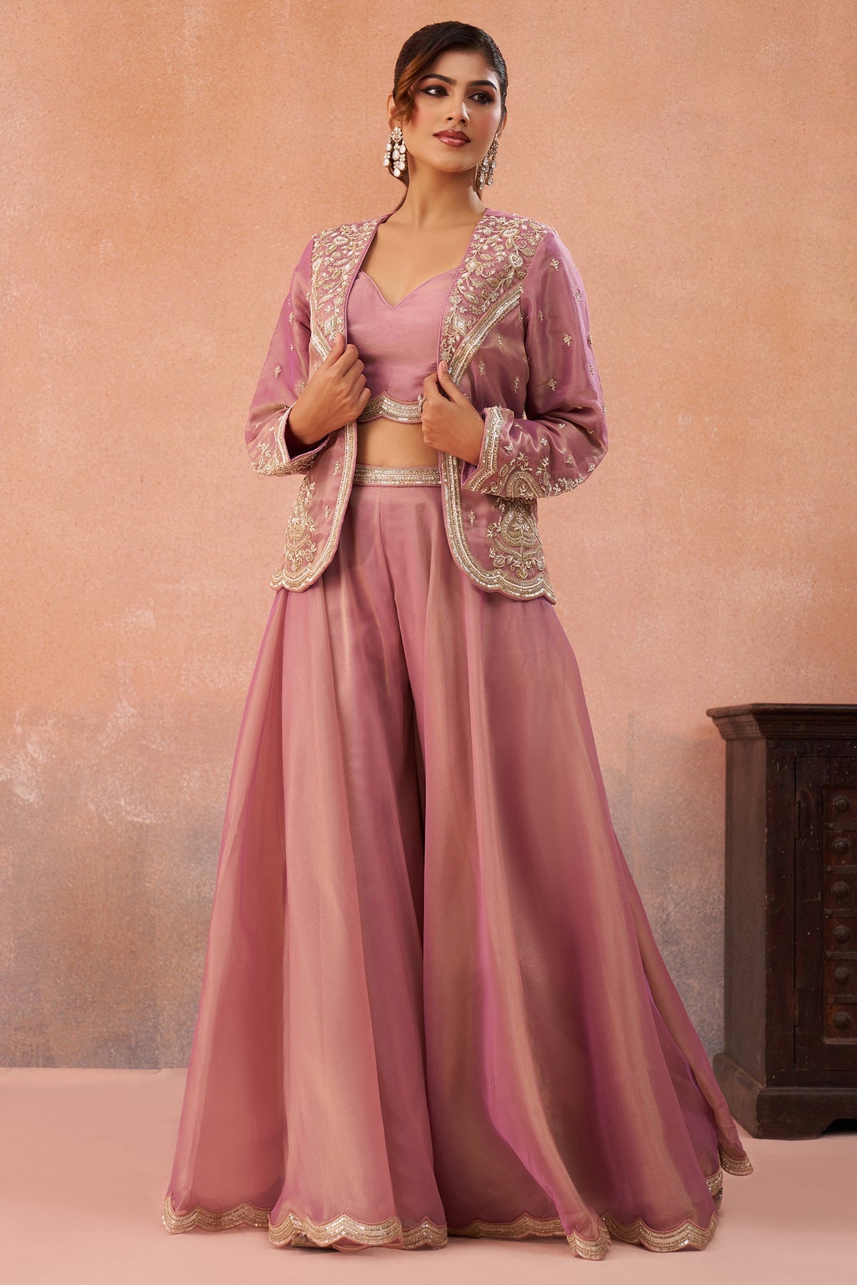 Pink Tissue Crop Top with Embroidered Jacket and Flared Palazzo Set