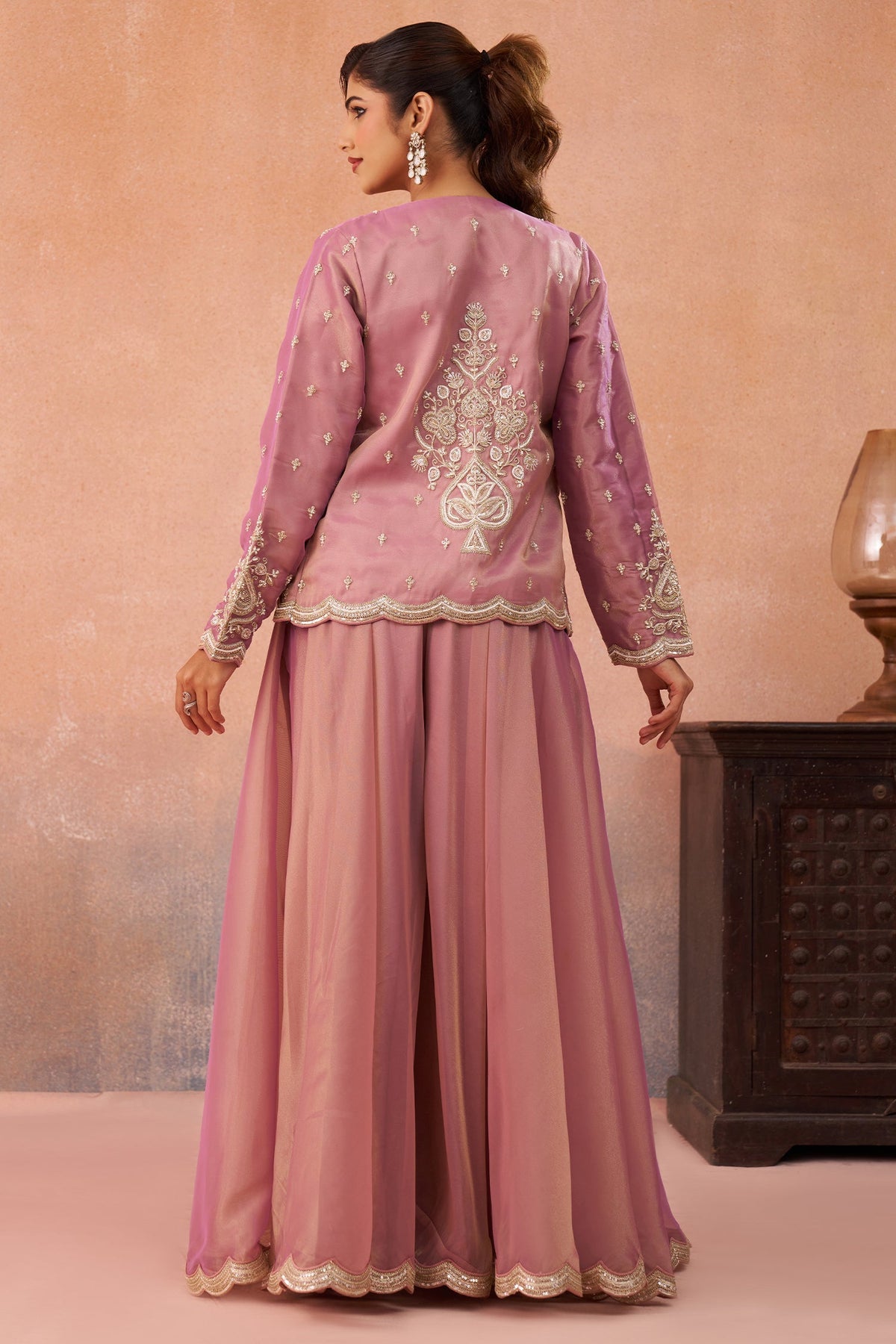 Pink Tissue Crop Top with Embroidered Jacket and Flared Palazzo Set