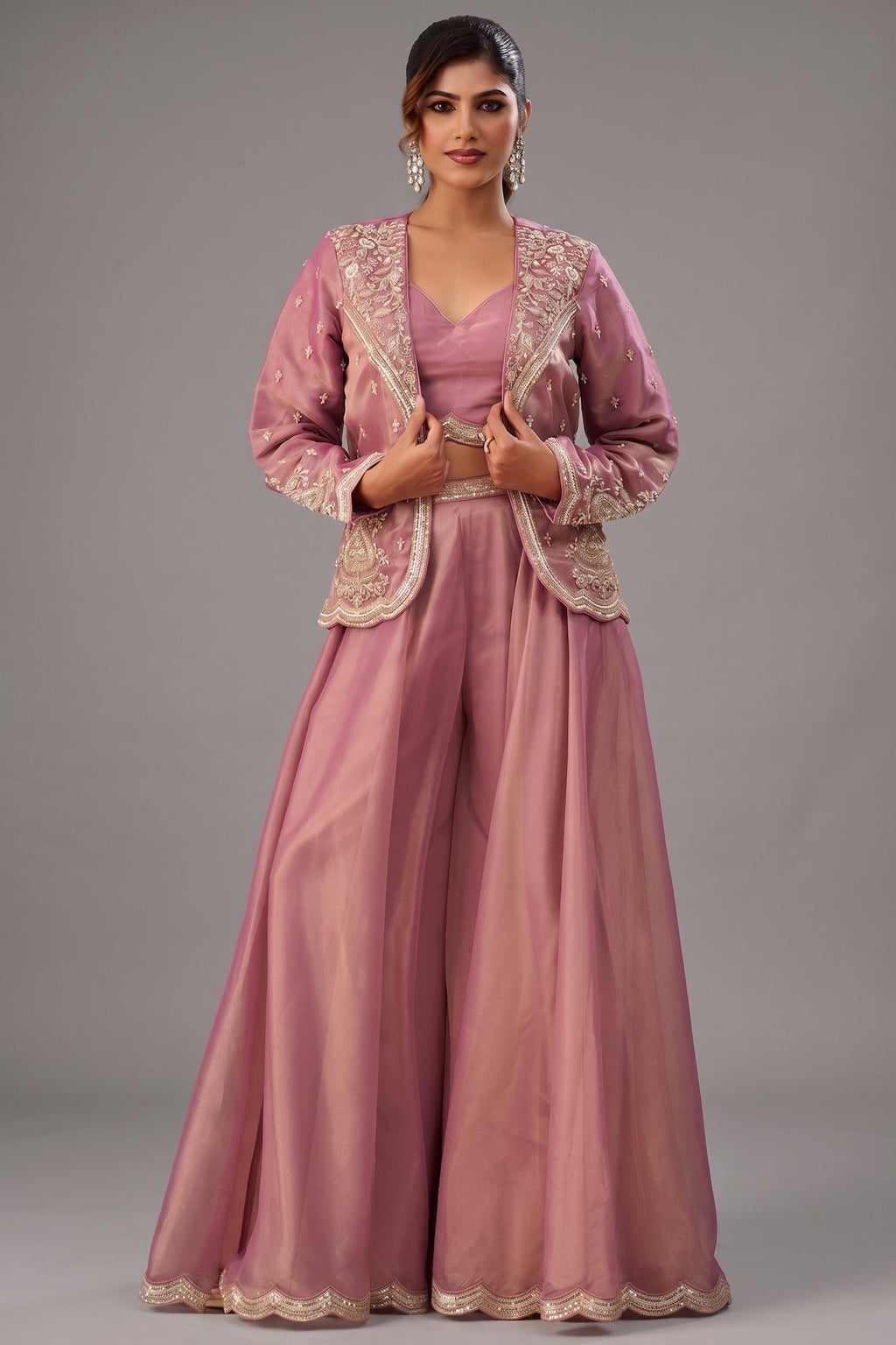 Pink Tissue Crop Top with Embroidered Jacket and Flared Palazzo Set