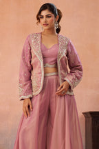 Pink Tissue Crop Top with Embroidered Jacket and Flared Palazzo Set