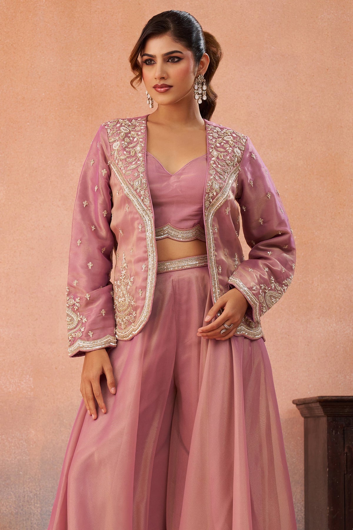 Pink Tissue Crop Top with Embroidered Jacket and Flared Palazzo Set