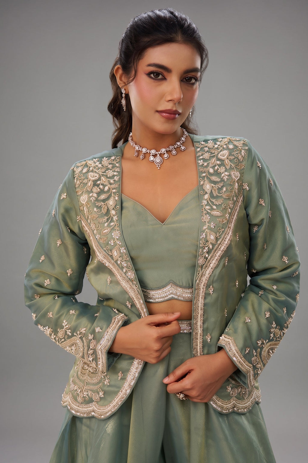 Sage Green Tissue Crop Top with Embroidered Jacket and Flared Palazzo Set