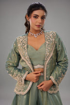 Sage Green Tissue Crop Top with Embroidered Jacket and Flared Palazzo Set