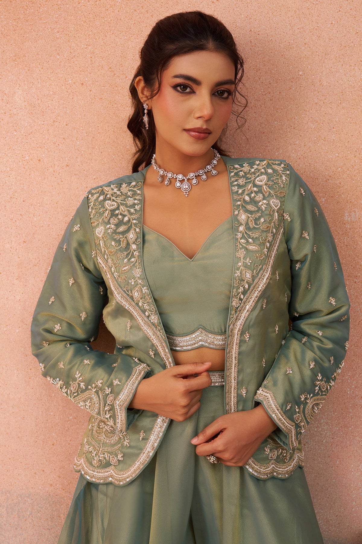 Sage Green Tissue Crop Top with Embroidered Jacket and Flared Palazzo Set