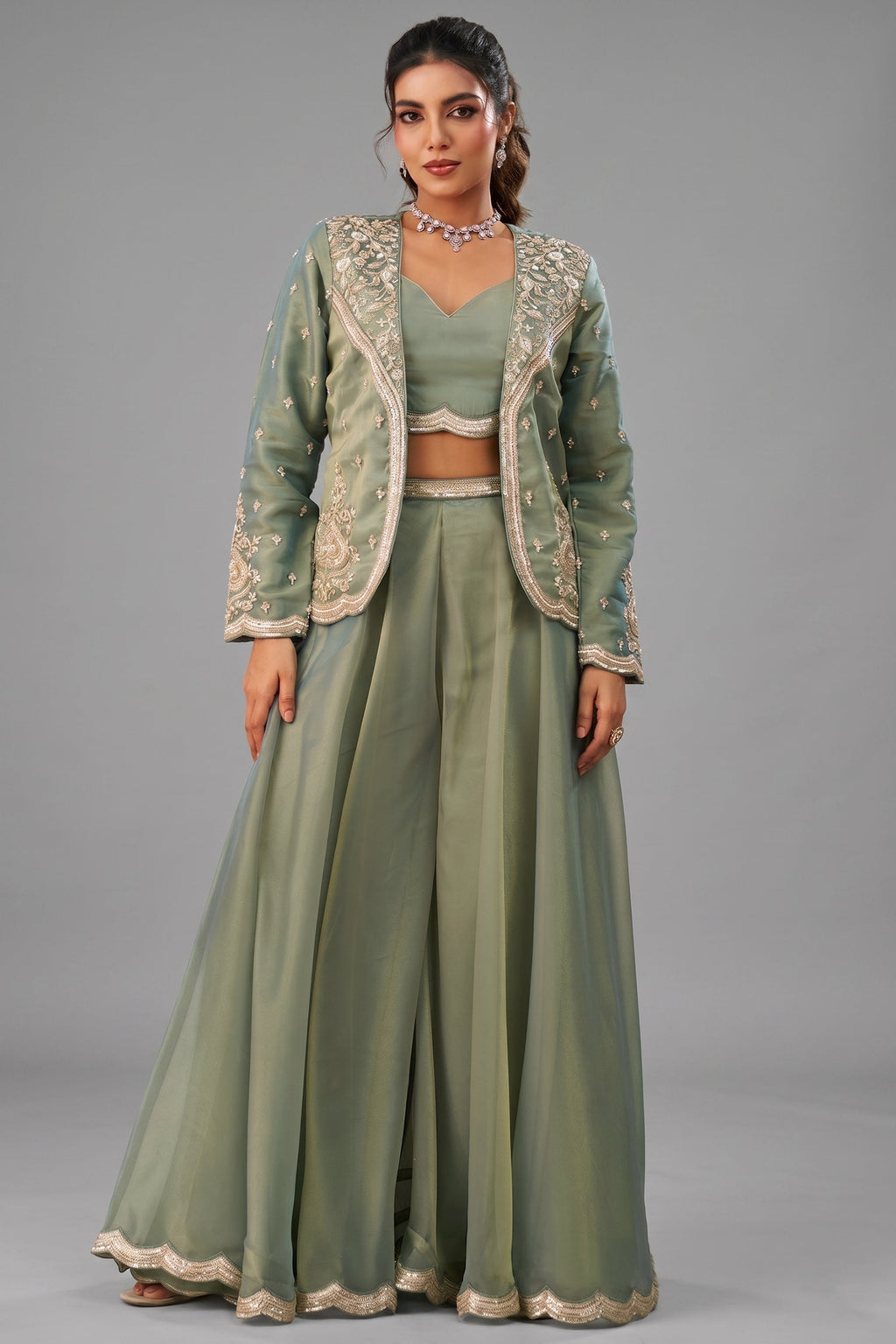 Sage Green Tissue Crop Top with Embroidered Jacket and Flared Palazzo Set