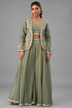 Sage Green Tissue Crop Top with Embroidered Jacket and Flared Palazzo Set