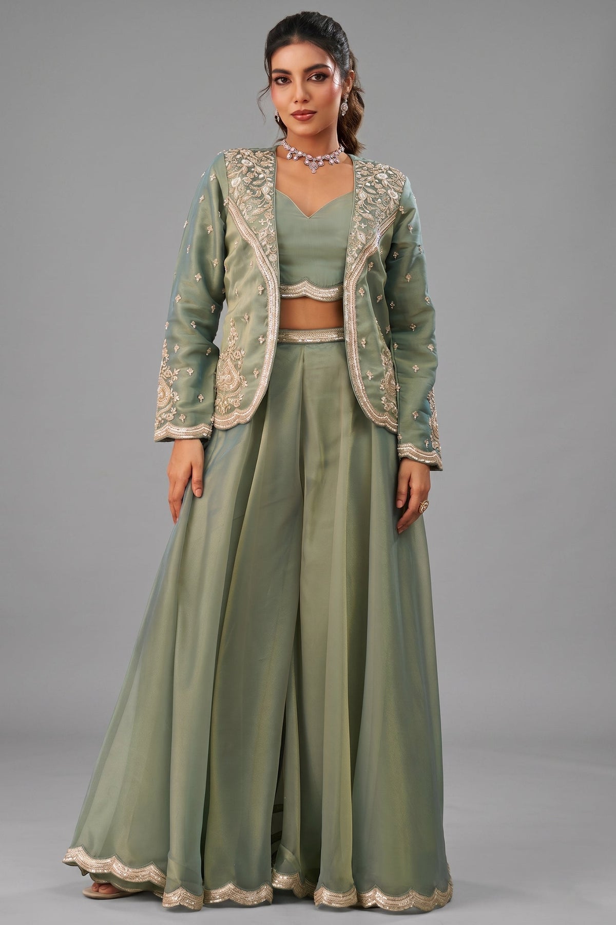 Sage Green Tissue Crop Top with Embroidered Jacket and Flared Palazzo Set