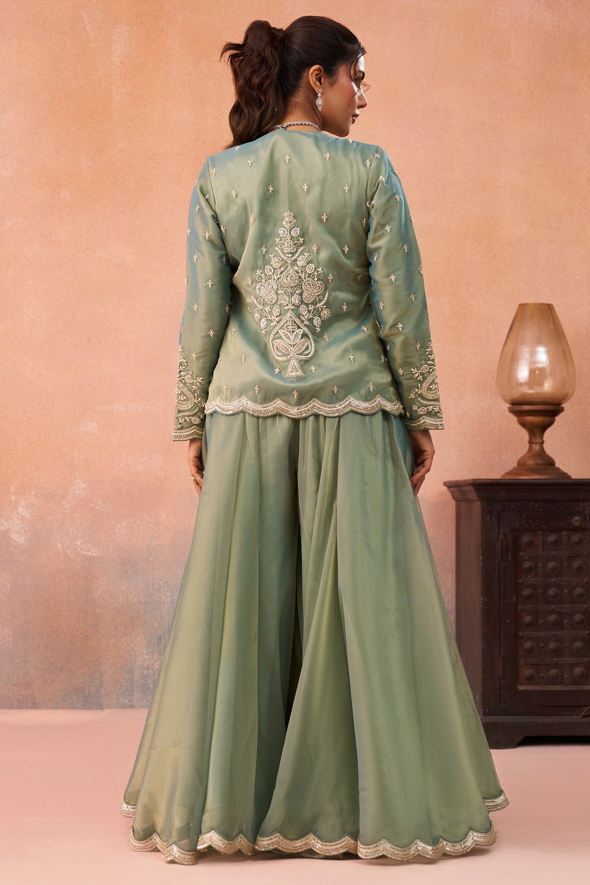 Sage Green Tissue Crop Top with Embroidered Jacket and Flared Palazzo Set